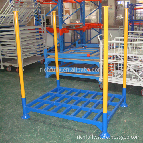 4round posts Tire Stacking Rack in yellow post and blue bottom